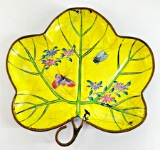 Vintage Chinese Enamel Brass Bronze Footed Hand Painted Transfer Trinket Dish