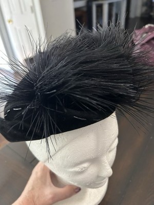 Vintage Tonak Ladies Hat Black Velvet With Feather And Beaded Accents - Czech