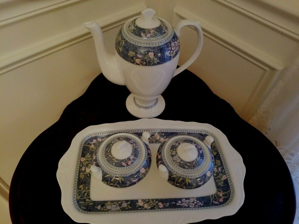 Bandeja de China HANKOOK HNK32 Floral Azul Borde Cafetera Azúcar y Crema MIRAR Foto 2 de 4