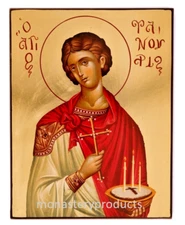 St. Phanourios Icon with Golden Leaf Background & Handpaited Details
