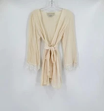 Stone Cold Fox Womens Ivory Silk Lace Sleeve Hem Tie Wrap Short Robe
