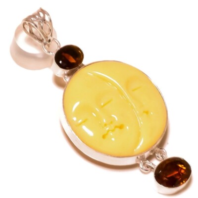 Engraved Double Moon Face & Smoky Quartz Gemstone 925 Silver Handmade Pendant