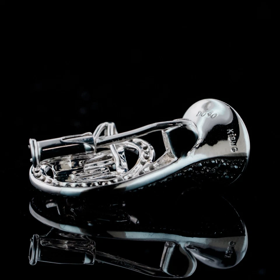 French Horn Black & White Natural Diamond Pin & Pendant 18k White Gold - Image 2 of 4