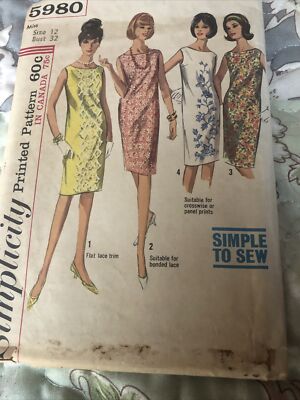 Simplicity 1965 Women's (5980) Dress Sewing Pattern - Size 12 Bust 32 VTG |  eBay