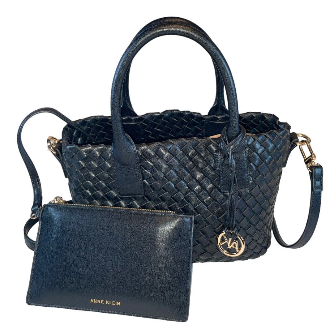 Anne Klein Black Woven Leather Small Tote Shoulder Bag Wristlet