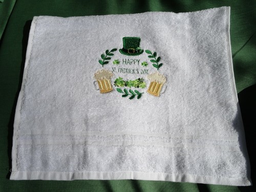 HAPPY ST PATRICKS DAY HATS AND BEERS CLOVER HAND CRAFTED EMBROIDERED HAND TOWEL - Picture 2 of 2