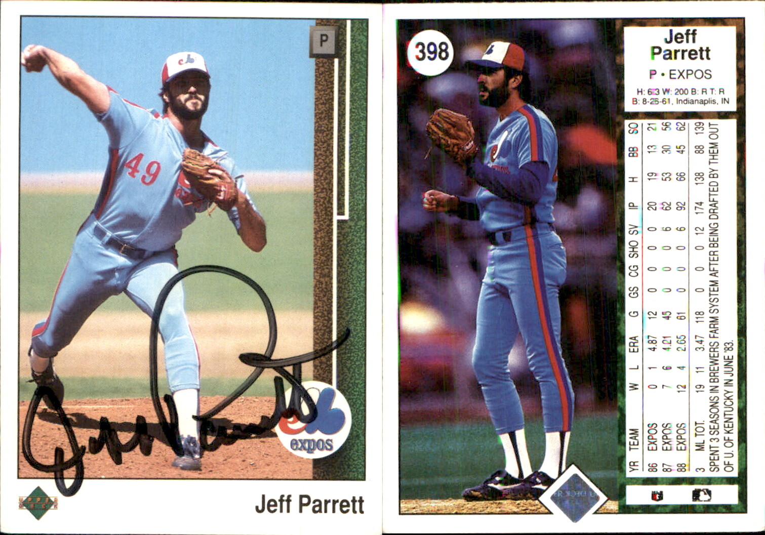Jeff Parrett Signed 1989 Upper Deck #398 Card Montreal Expos Auto AU