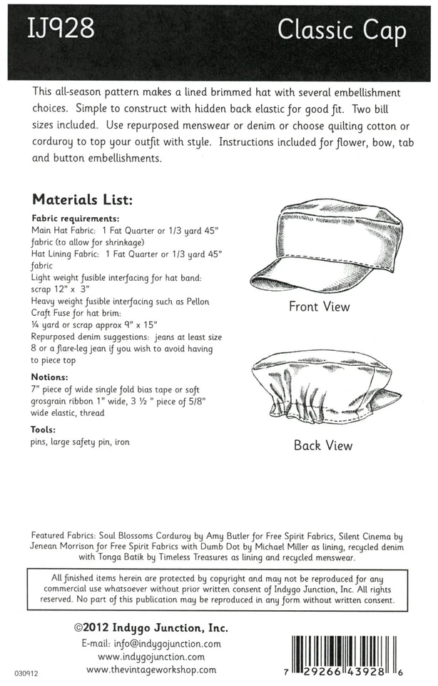 Indygo Junction IJ928 CLASSIC CAP Embellished Lined Brimmed Hat UNCUT Pattern - Image 2 of 3