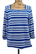 Talbots Top Women Large L Blue White Striped Cuff Sleeve Cotton Stretch Casual