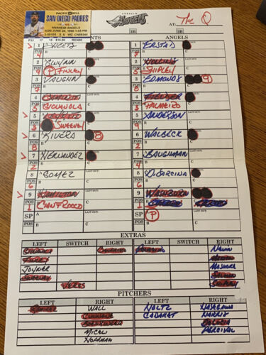 Angels Spiel gebrauchte Aufstellung Karte vom 28.6.1998 Tony Gwynn 2.868 Karriere Hit Padres
