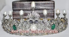 12.85ct Rose cut Diamond 925 Sterling silver pearl Emerald wedding tiara Crown
