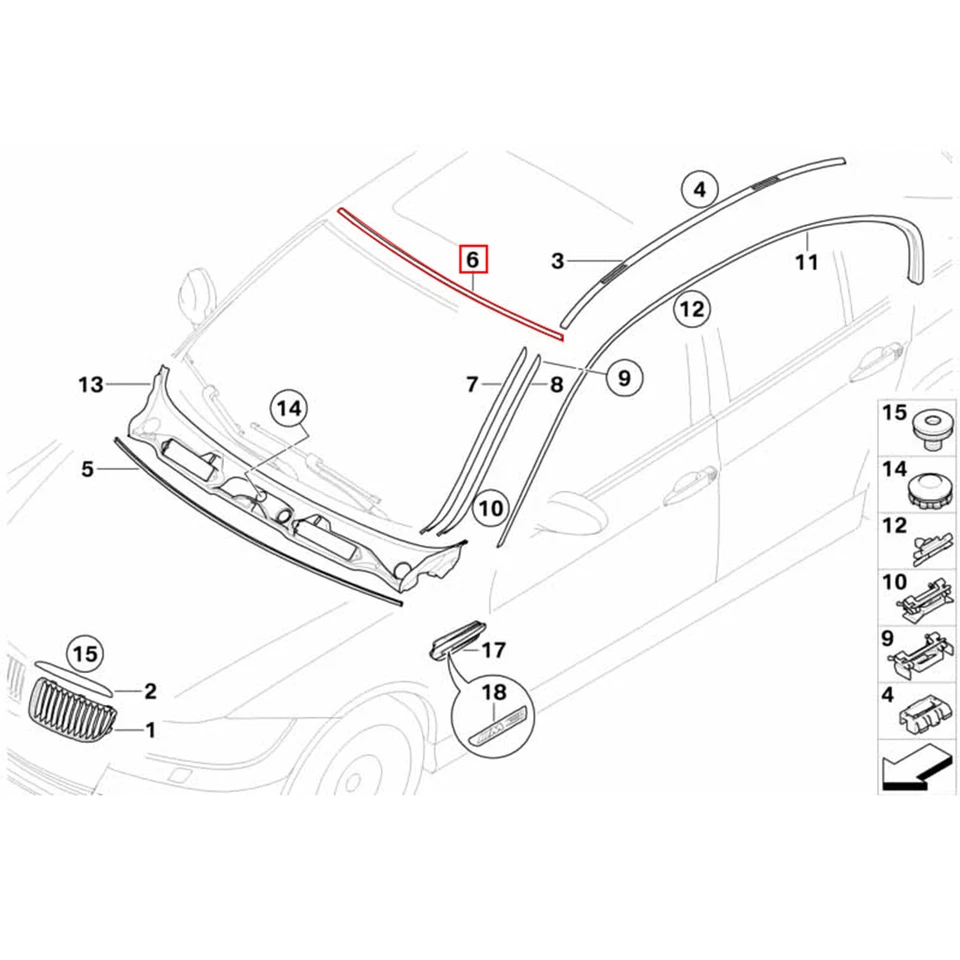 Sello de moldura de parabrisas superior delantero 51317061967 para BMW E90 320i 330i 325i 328i Foto 2 de 4
