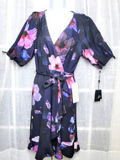 Adrianna Papell Midi Floral Wrap Dress Sz 8 Purple Hibiscus 3/4 Puff Sleeves