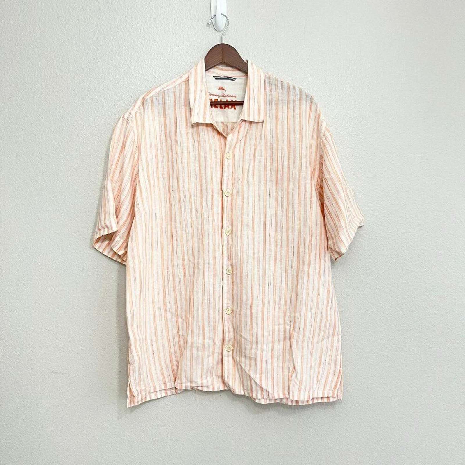 Tommy Bahama Relax Linen Shirt Size Large Men's Orange Striped Short Sleeve