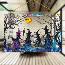 Acrylic Halloween Witch Hanging Sign Spooky Moonlit Forest Wall Art Decor 12 8in