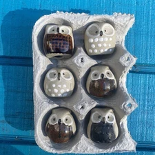 6 Vintage Emson Stoneware Owl Figurines 1970s Miniature Pottery 