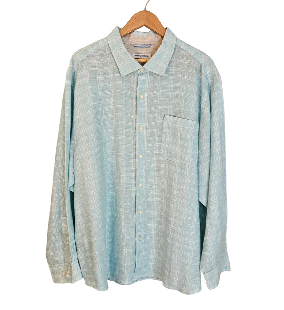 Tommy Bahama Mens XXL 100% Linen Shirt Blue Windowpane Button Front Long Sleeve