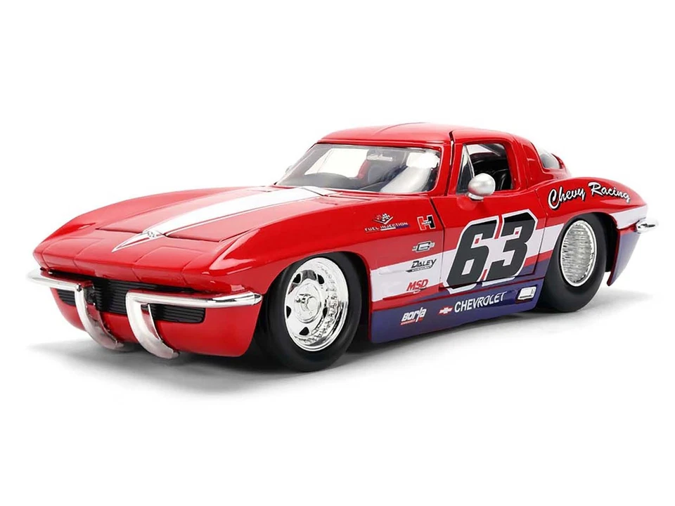 1963 CHEVROLET CORVETTE STINGRAY #63 "CHEVY RACING" RED 1/24 MODEL BY JADA 36594 - Image 2 of 4