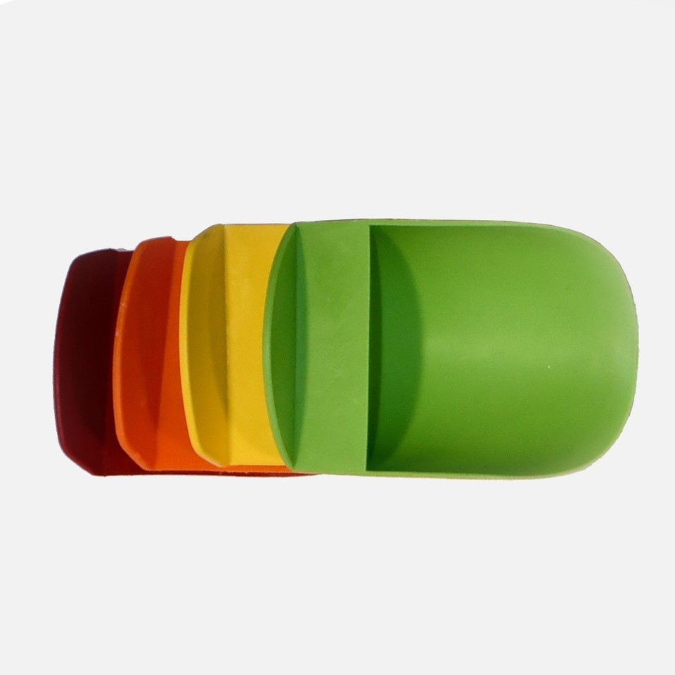 A groovy harvest-gold, avocado-green, and burnt-orange Tupperware scoop set that's basically a wearable mood board of 1970s kitchen aesthetic.