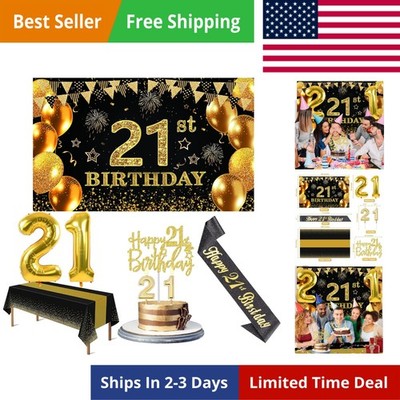 21st Birthday Decorations for Him Her with Banner, Black and Gold Table Cloth...