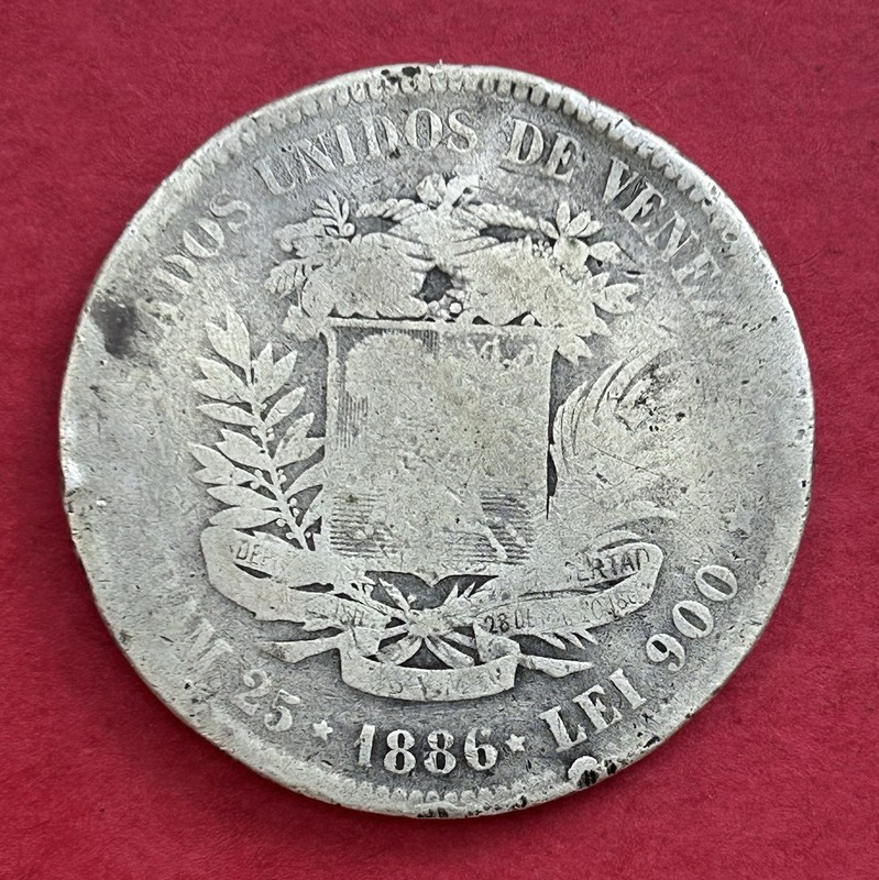 1886 Venezuela 5 Bolivares Silver Coin