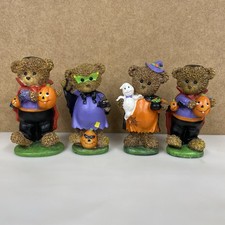 4 Halloween Bears Figurines Vampires Bat Witch Ghost Resin 5" - Read
