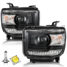 Headlight For 2014-2018 GMC Sierra 1500 2500HD Black Halogen Headlamp W/LED DRL 