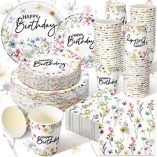 250 Pcs Floral Birthday Plates and Napkins Set Spring Wildflower Party Tablew...