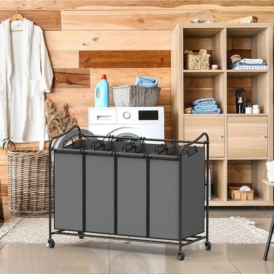 Durable Steel Frame Laundry Cart W/ Heavy Duty Bags Smooth Rolling Casters Grey
