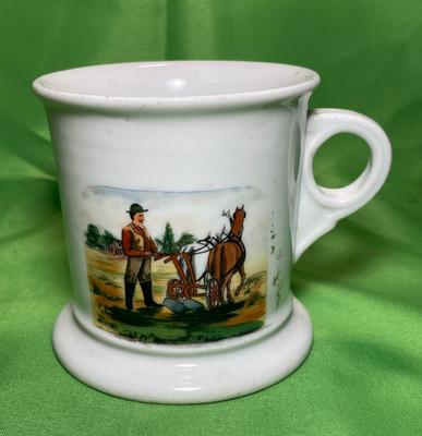 A+ Antique Occupational Shaving Mug Farmer Country Farm Field Plow Horse Scene