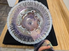 Vtg. Vandermark pulled feather blown art glass compote, 1980.