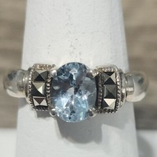 925 Sterling Silver 8x7mm Oval Cut Topaz  Marcasite Ring Size 8 Nickel Free 