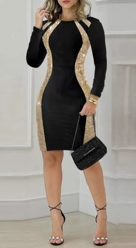 Chicme Contrast Sequin Bodycon Long Sleeve Dress - Medium - Black/Gold - NEW - Picture 3 of 24