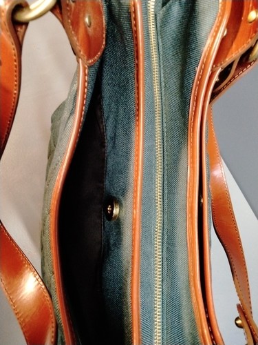 Mz WALLACE Green / Blue Quilted Bag With Brown Chunky Straps And Trim 16" X 11" - Bild 6 von 9