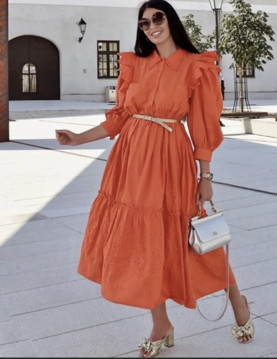 ZARA WOMAN NWT OPENWORK EMBROIDERED MIDI DRESS ORANGE Size S