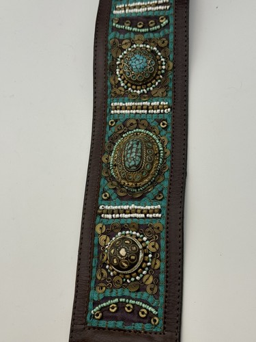 Chicos Leather Beaded Stonework Wood Belt 29-33 Inch Waist - Picture 5 of 6