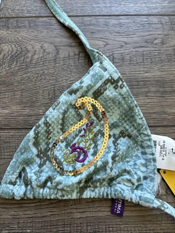 CIA.MARITIMA Ropa de Playa Azul Triángulo Cuerda Bikini Top con Lentejuelas Doradas L Nuevo con Etiquetas Foto 4 de 4
