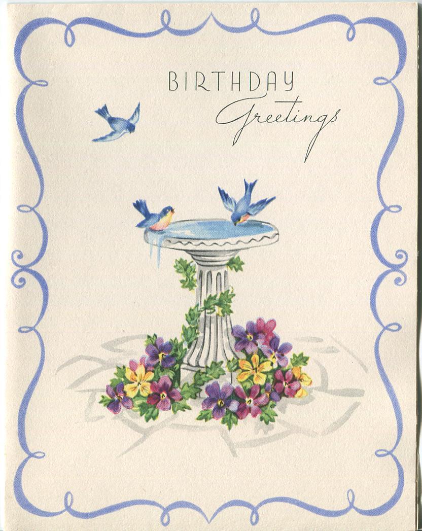 VINTAGE 1940'S BLUE BIRDS WATER BIRD BATH IVY GARDEN PANSY FLOWER CARD