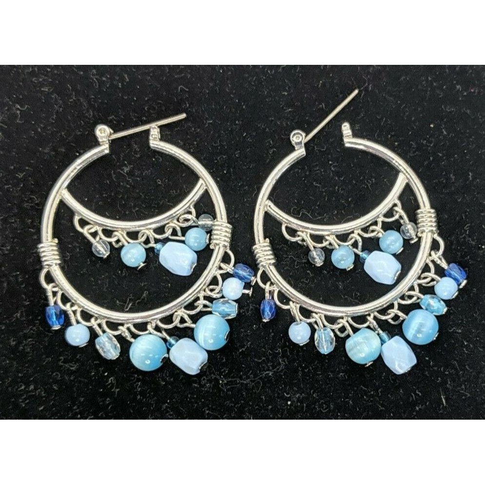 Silver Tone Hoop Earrings with Blue Dangling Beads 2