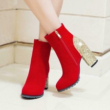 Womens Glitter Sequin Ankle Boots Round Toe Chunky Heels Wedding Shoes