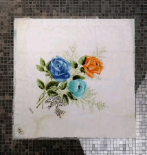 50s COLETTE Hankie Roses HAND PRINTED Blue ROSE SIGNED ALL COTTON JAPAN Vintage