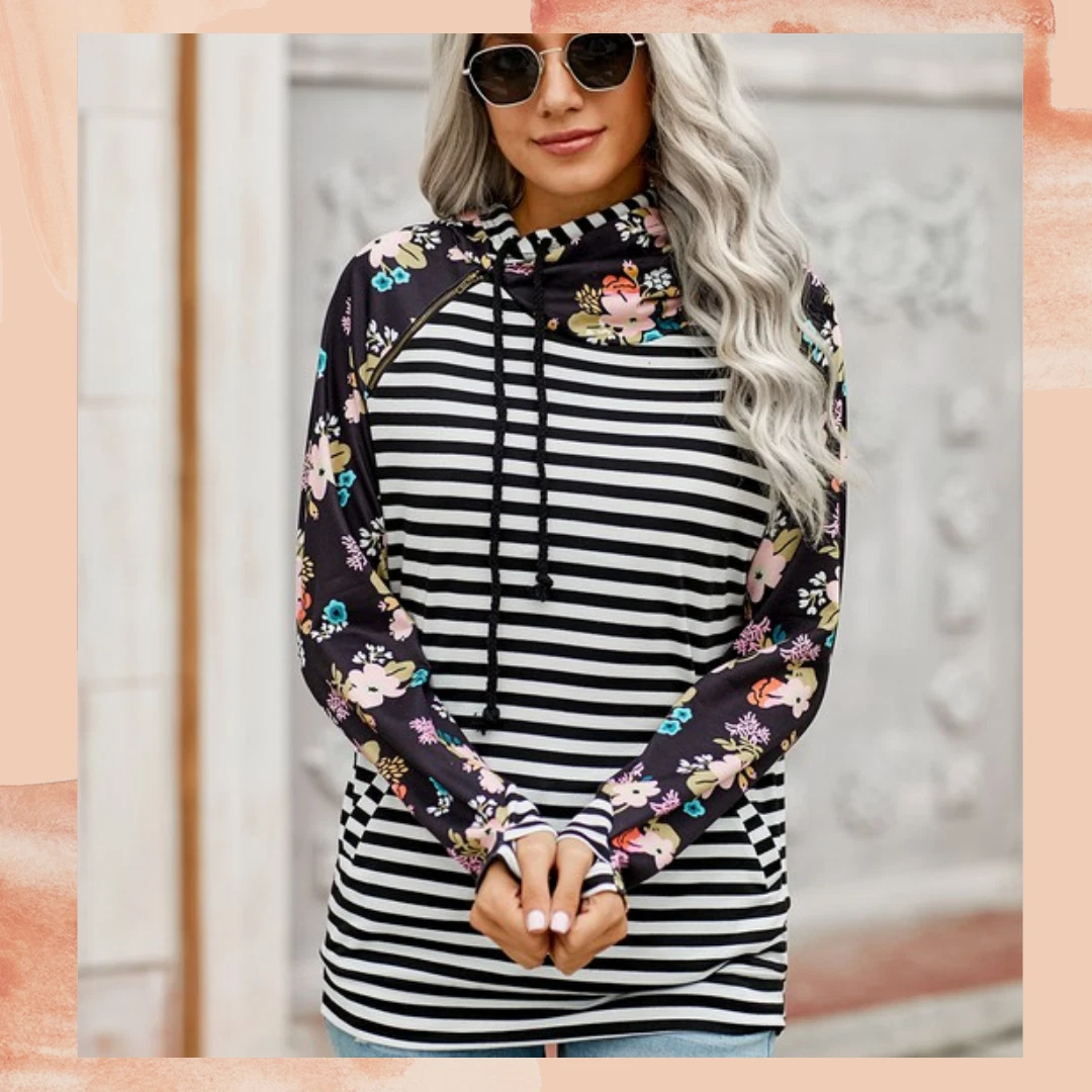Black and white striped hoodie women's cheap