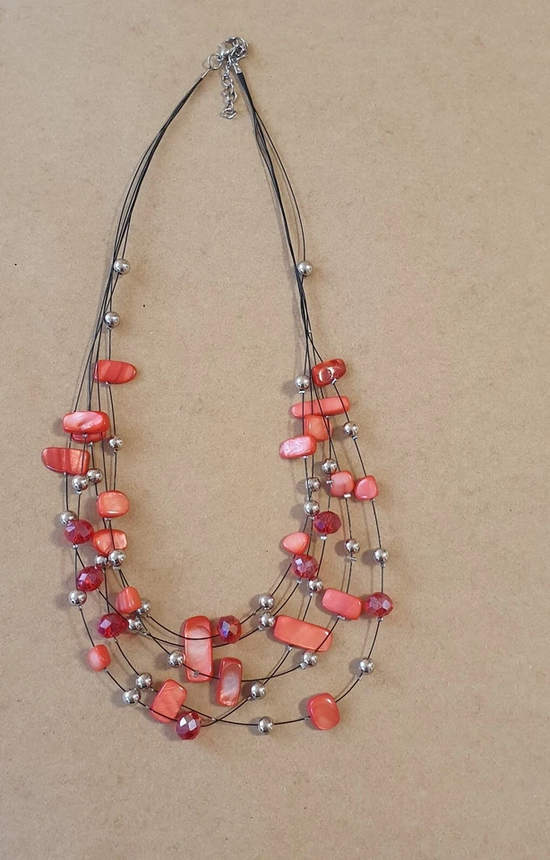 Unikat! Perlmutt & Kristall Kette Collier 5 Reihen, 43-65cm Rot Handarbeit - Bild 2 von 3