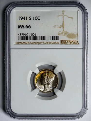 1941-S Mercury Dime NGC MS66 Beautiful Color-Toned Premium Gem!