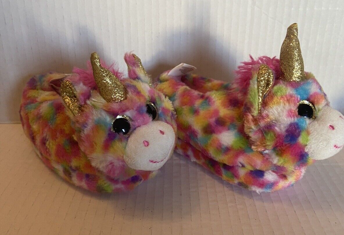 PANTOFOLA D’ORO Soffici pantofole da bambina fuzzy unicorno oro rosa arcobaleno taglia small (5 6)