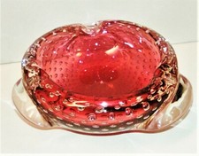 Vintage Murano Cranberry Controlled Bubble 3 Sided Ashtray 2.25" high 5" wide