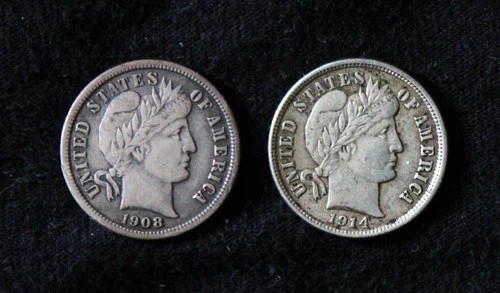 Set of 2: 1908, 1914-D  -  Barber Dimes 10-cent value (10c) - Collectors Grade!