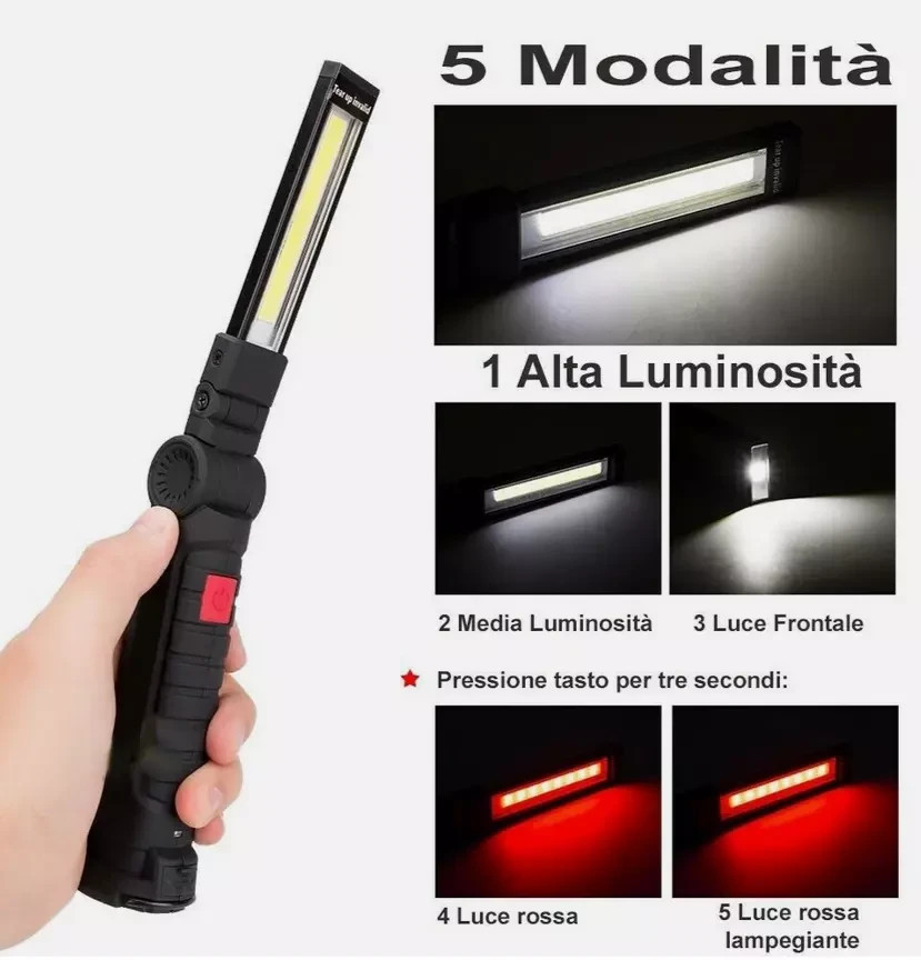 Lampade LED Torcia da Lavoro Ricaricabili USB Magnetiche con Gancio Officina - Miniatura 7