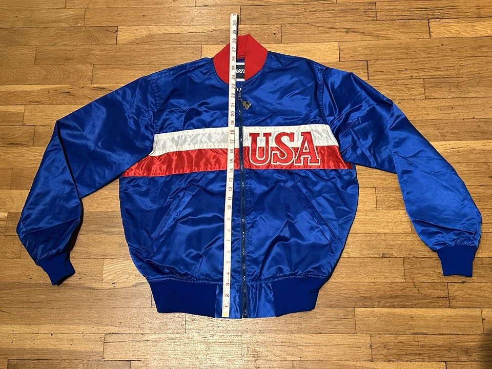 Vintage Starter Jacket 1984 Summer Olympics USA Blue Satin RARE Light Size L - Image 2 of 4