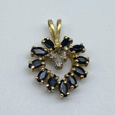 14K Gelbgold Saphir Diamant Marquise offenes Herz Anhänger 1,8g 5/8''